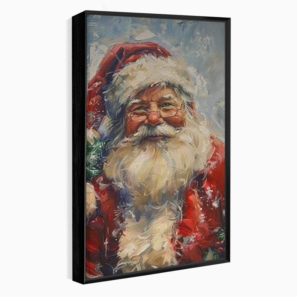 Tablou canvas cu pictura portret mos craciun cu ochelari, in rama de aluminiu negru